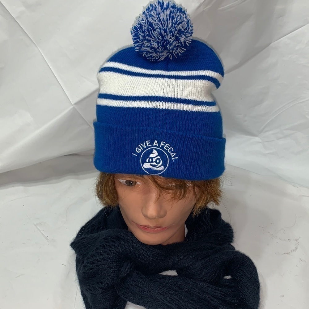 Prime Blue and White Beanie with Ball “I Give a Fecal”